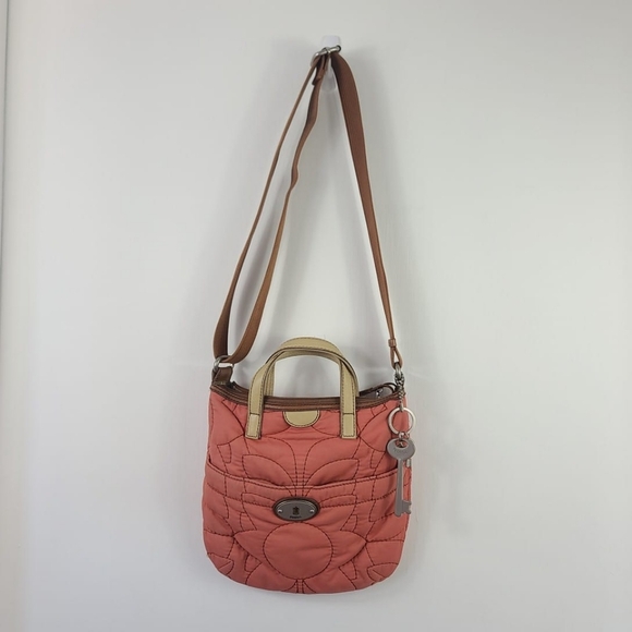 FOSSIL “Key Per” Orange Quilted Brown Trim Crossbody Bag Purse Adjustable Strap - Picture 1 of 8